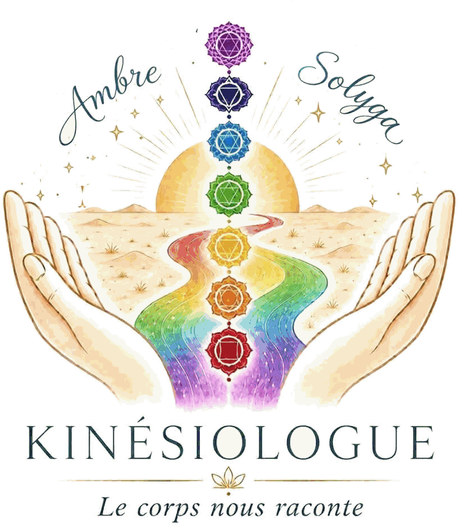 Ambre Solyga, kinésiologue — deux mains ouvertes autour d'un chemin et des sept chakras. Baseline : le corps nous raconte.